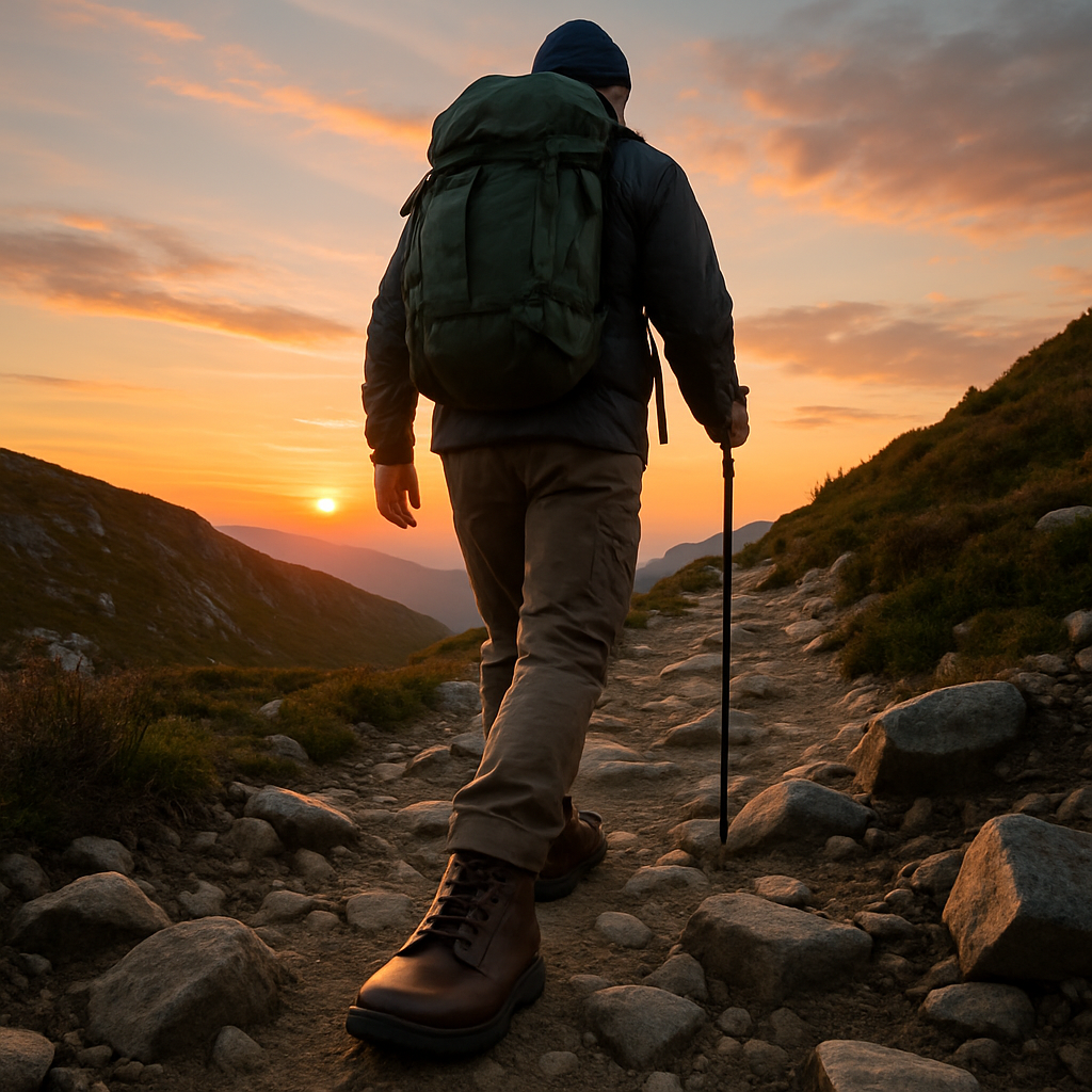 En vandringsvandrare på en stenig fjällstig, tydligt synlig bred tåbox på kängorna, solnedgång i bakgrunden. Alt: vandringskängor med bred tåbox på fjälltur