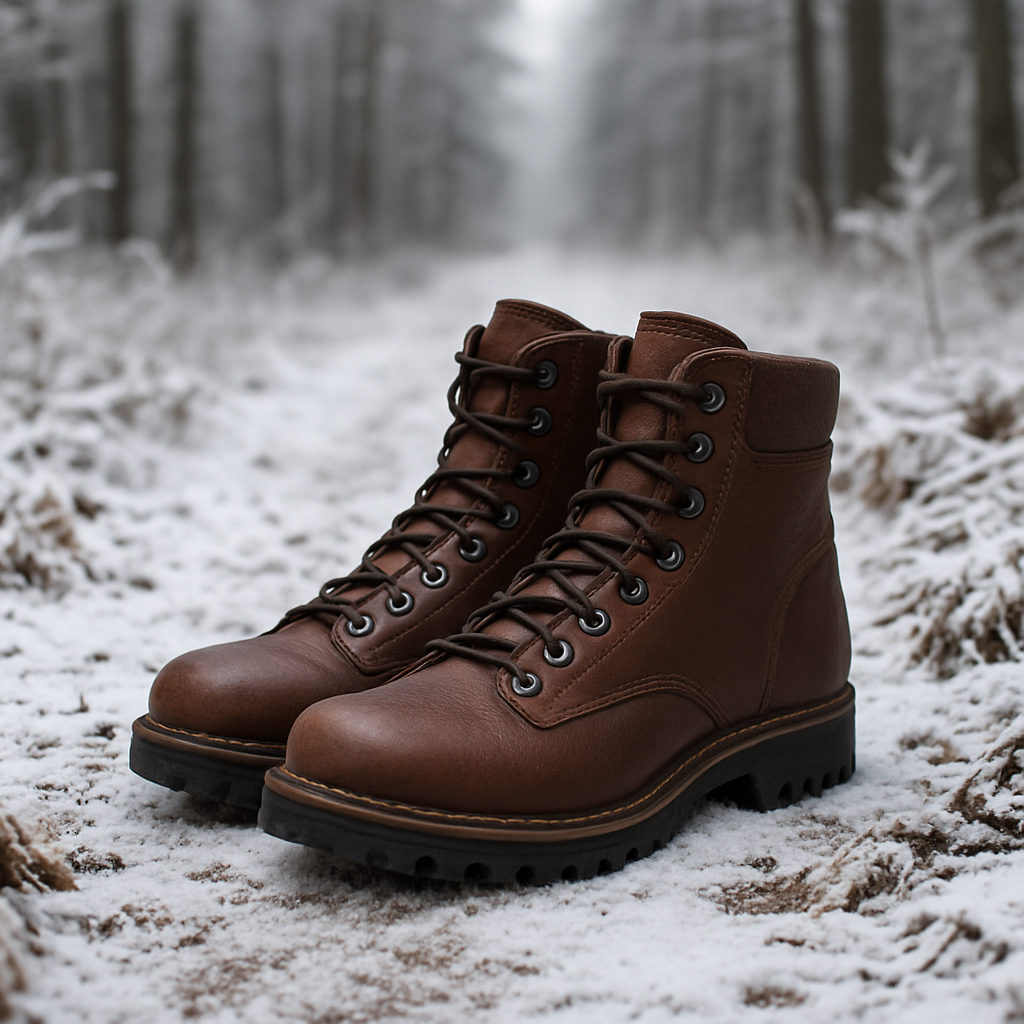 En närbild på ett par vandringskängor utan membran i fullnarvsläder, stående på en snötäckt skogsstig med frost på löven. Alt: vandringskängor utan membran läder herr i vintermiljö