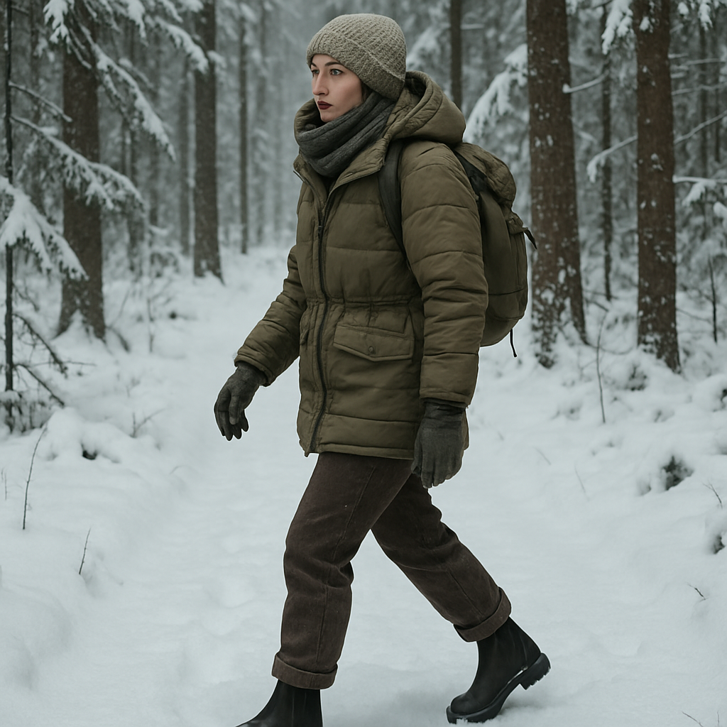 En kvinna i tjock vinterklädsel som vandrar genom en snötäckt skog, bär varmfodrade chelsea boots dam med tydlig greppsula och fuktavvisande foder. Alt: robusta outdoor-modeller för vandring och jakt, varmfodrade chelsea boots dam.