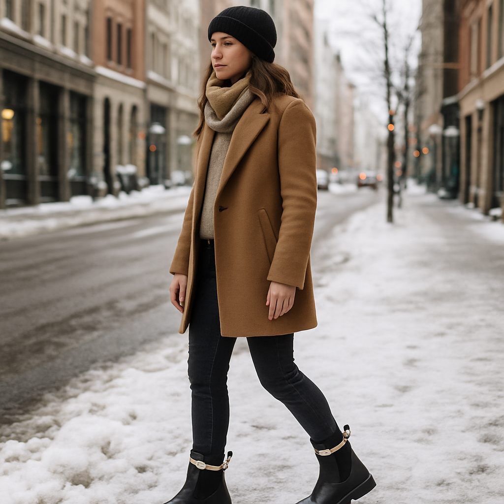 En kvinna i en urban miljö med snö på gatan, bär trendiga varmfodrade chelsea boots med extra foder. Alt: trendiga urbana chelsea boots med extra foder för vinter