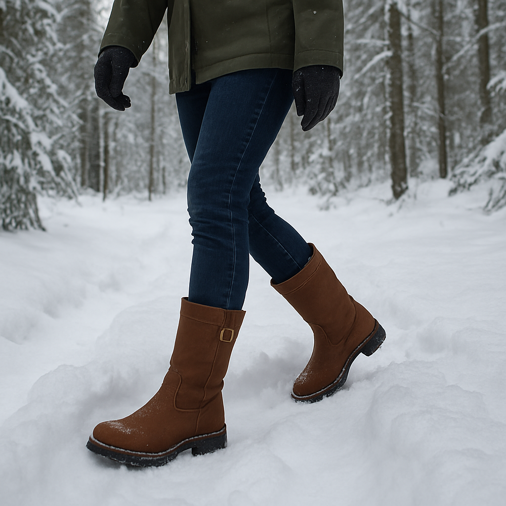 A snowy forest trail with a woman wearing sturdy Samelin leather boots, stepping confidently through deep snow. Alt: Samelin outdoor läderstövlar varma och robusta vinterfotografering