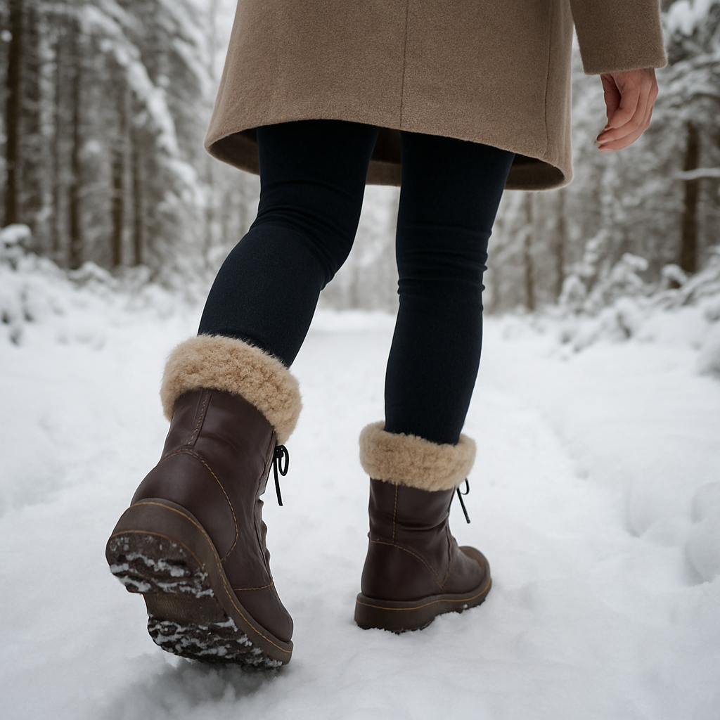 A woman walking in snowy forest wearing warm insulated boots, showing the detailed texture of the fur lining. Alt: varmfodrade kängor dam i vinterlandskap.
