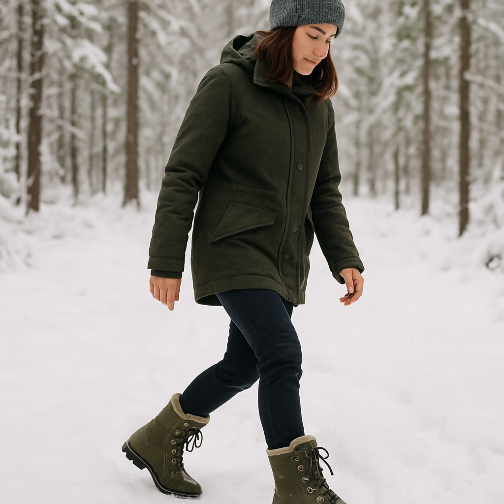 En kvinna i snöklädd skog bär varmfodrade kängor dam i en jordig olivfärgad vaxad modell, med snö som reflekteras i kängornas glansiga yta. Alt: varmfodrade kängor dam stilalternativ färgval