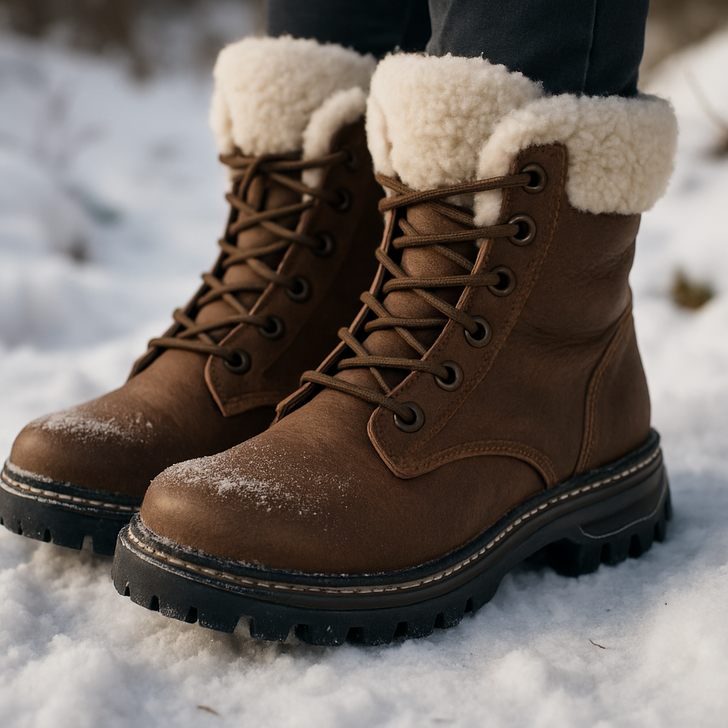 En närbild på ett par varmfodrade vinterkängor i snöig terräng med tydlig textur av material och sula. Alt: Varmfodrade vinterkängor dam med isolerat foder och kraftig sula för vinterbruk.