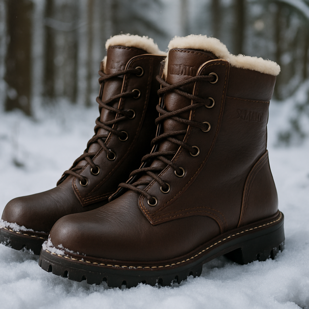 En närbild på ett par robusta Samelin vinterkängor i snöig skogsmiljö. Alt: varmfodrade vinterkängor dam i äkta läder från Samelin för utomhusäventyr.