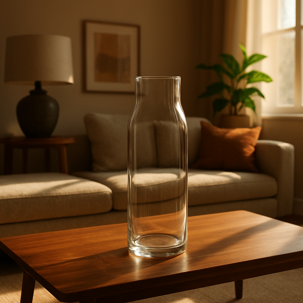 A modern living room with a tall glass vase on a wooden coffee table, warm afternoon light streaming through a window, highlighting the crystal-clear surface. Alt: Glass vase on wooden table in living room