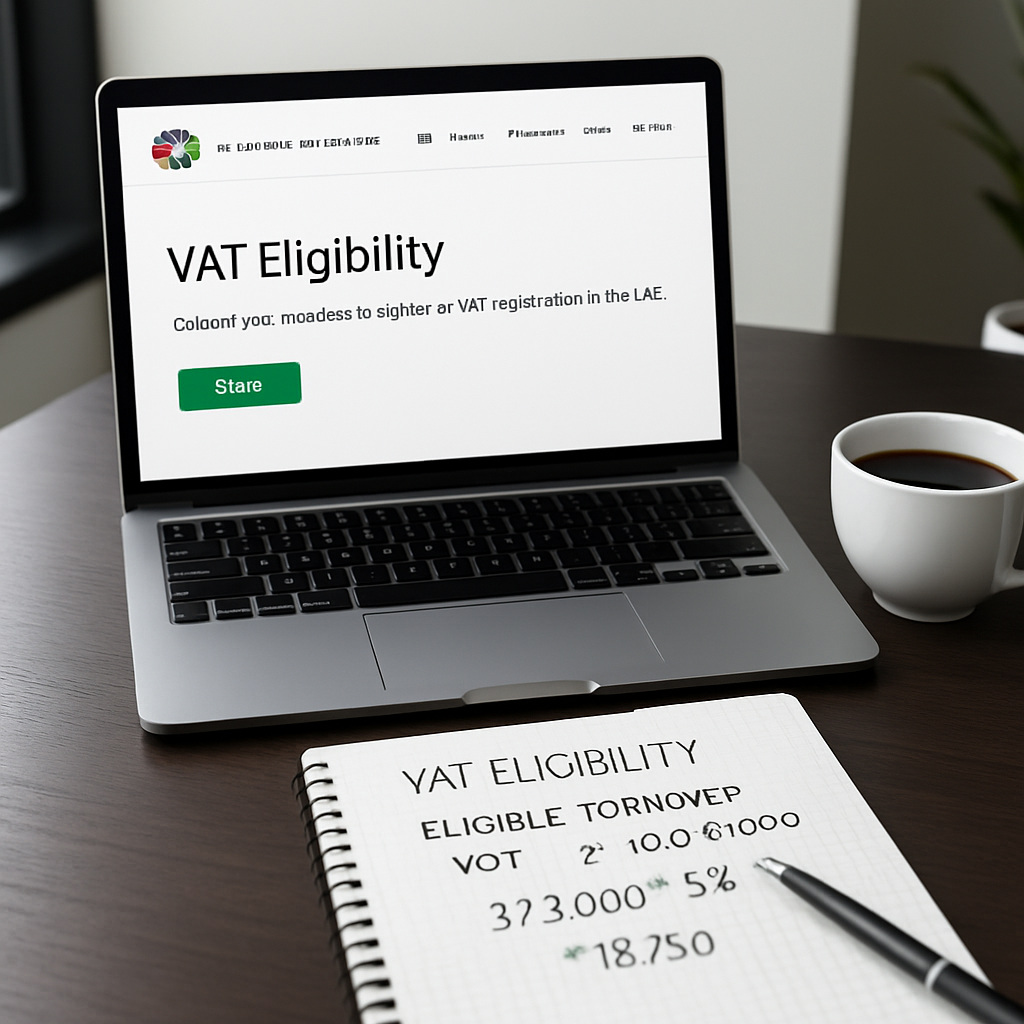 A sleek modern office desk with a laptop open to the UAE Federal Tax Authority portal, a cup of coffee, and a notepad showing VAT eligibility calculations. Alt: Free zone entrepreneur confirming VAT eligibility for UAE VAT registration.