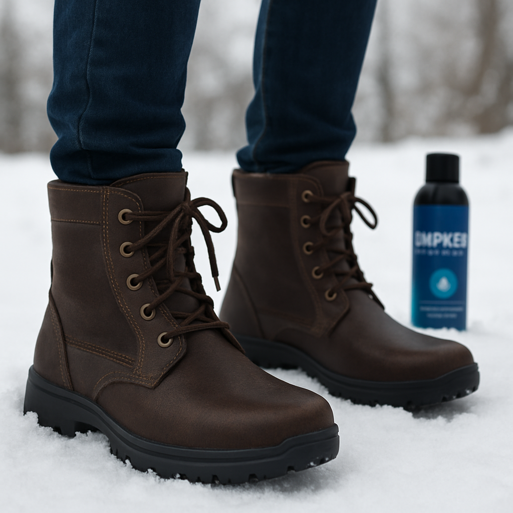 En kvinna står i snö med ett par vattentäta kängor dam, synlig bred tåbox och impregneringsspray i bakgrunden. Alt: vattentäta kängor dam i vintermiljö.