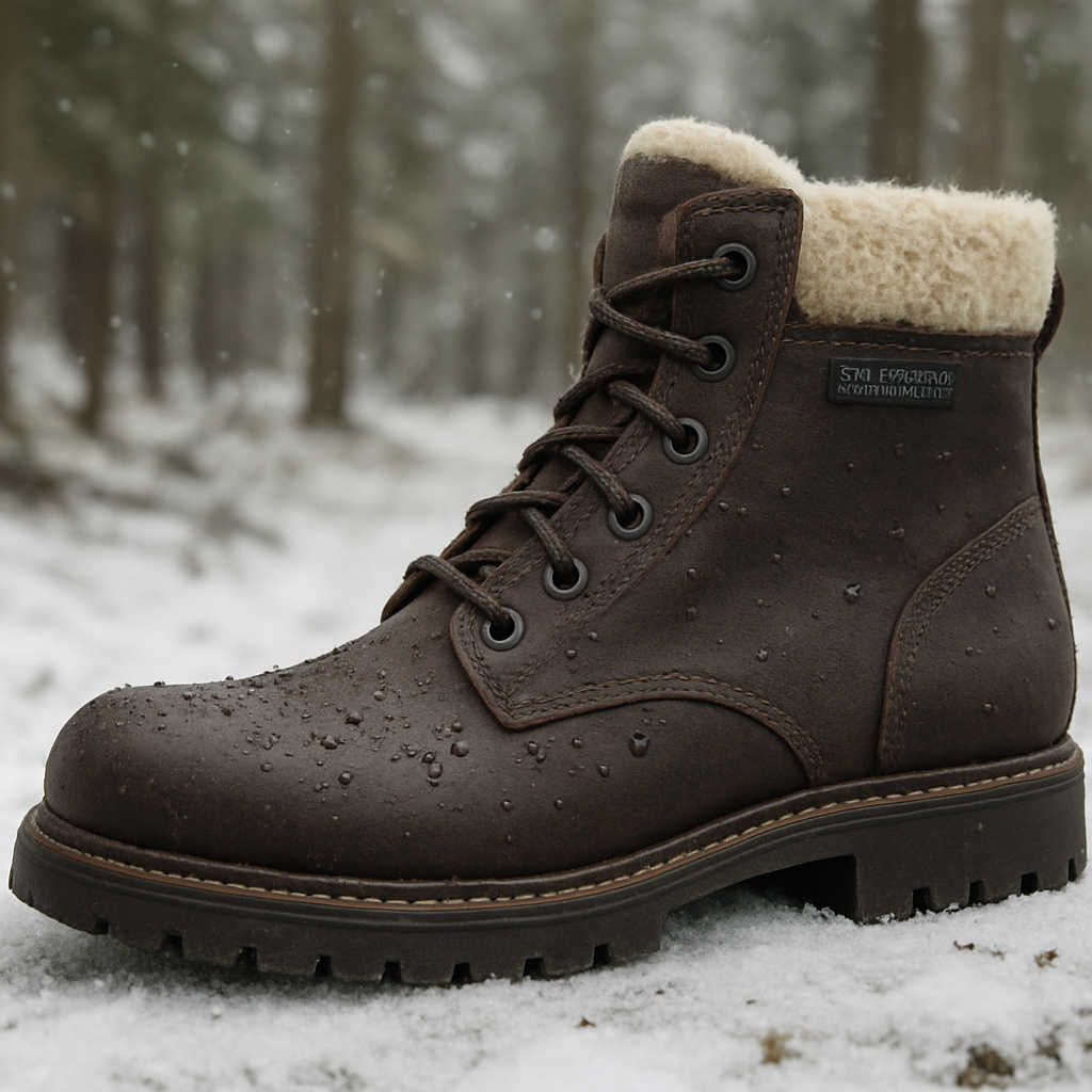 En närbild på en vattentät läderkänga med synligt membran och ullfoder i en snöig skogsmiljö. Alt: vattentäta läderkängor med ullfoder herr