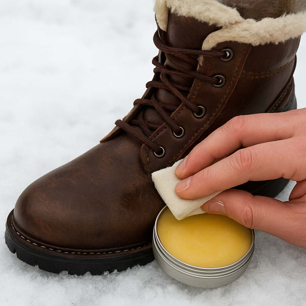 En närbild på en hand som applicerar vax på en vattentät läderkänga med ullfoder, med snö i bakgrunden. Alt: skötsel vattentäta läderkängor ullfoder herr