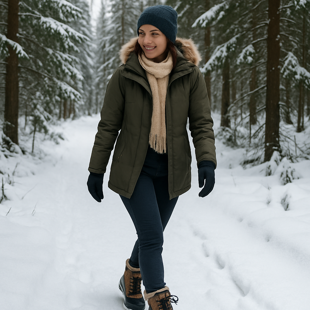 En vinterpromenad i skogen med en kvinna som bär vattentäta vinterkängor dam, snö på marken och granar i bakgrunden. Alt: Vattentäta vinterkängor dam i vintermiljö med snö och skog.