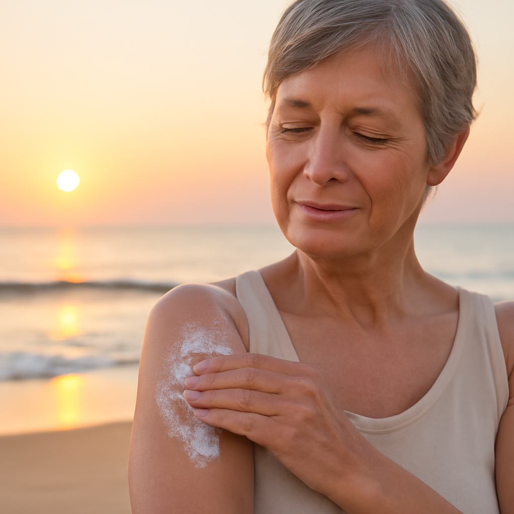 A serene beach at sunrise, a person applying vegan sunscreen with a light, mineral‑based product on the skin. Alt: Vegan sunscreen application on sensitive skin at sunrise.