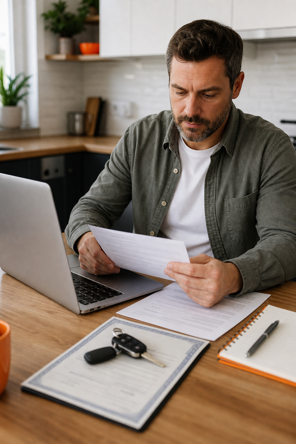A photorealistic scene of a person sitting at a kitchen table with a laptop open, reviewing loan documents next to car keys and a vehicle title. Natural home lighting, warm tones, focused and calm expression. Alt: person reviewing vehicle title loan options online at home.