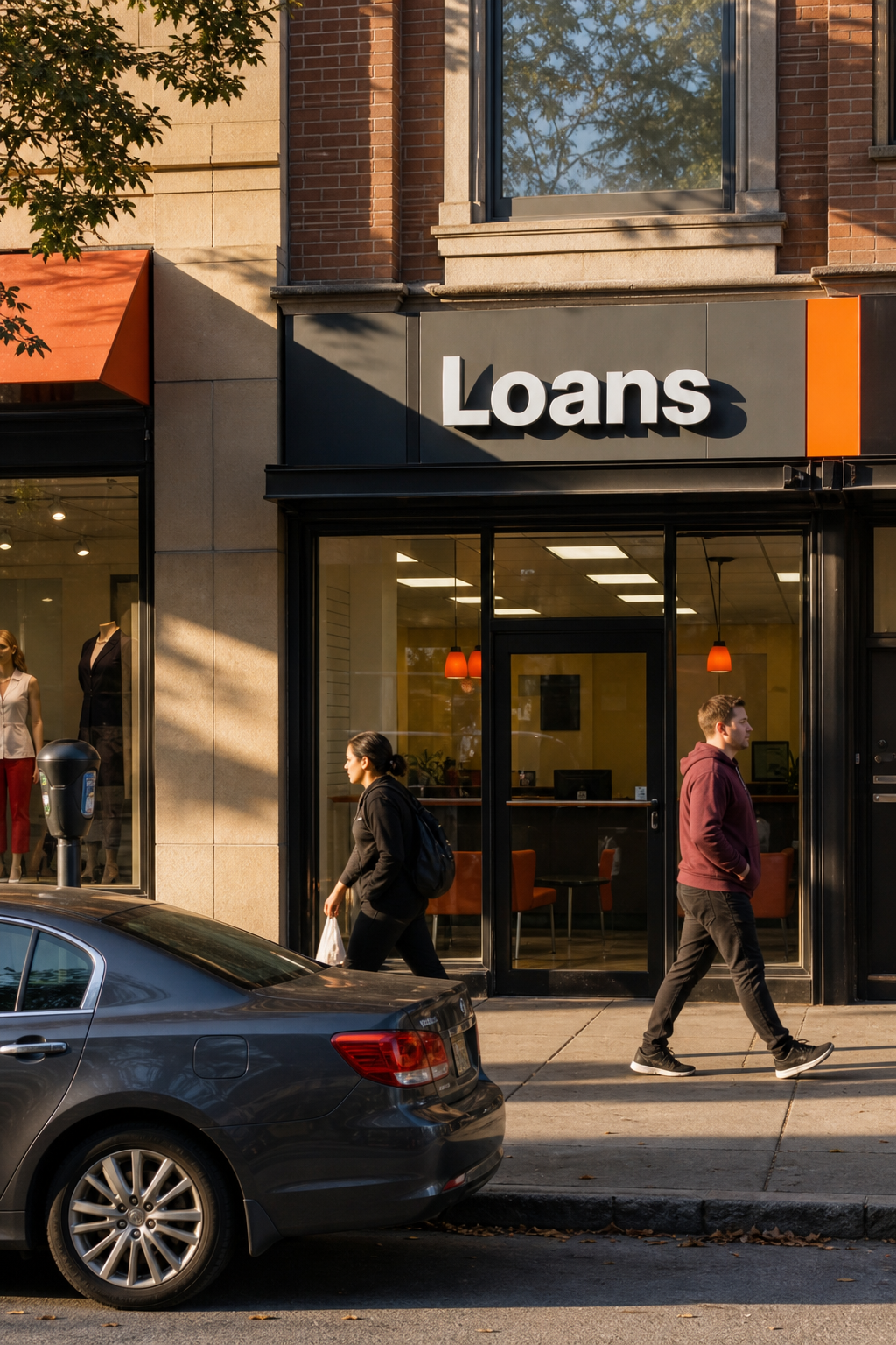 A photorealistic street-level photo of a small financial services storefront on a busy urban block, with a visible 