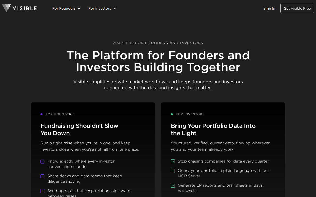 Visible.vc portfolio reporting platform homepage screenshot