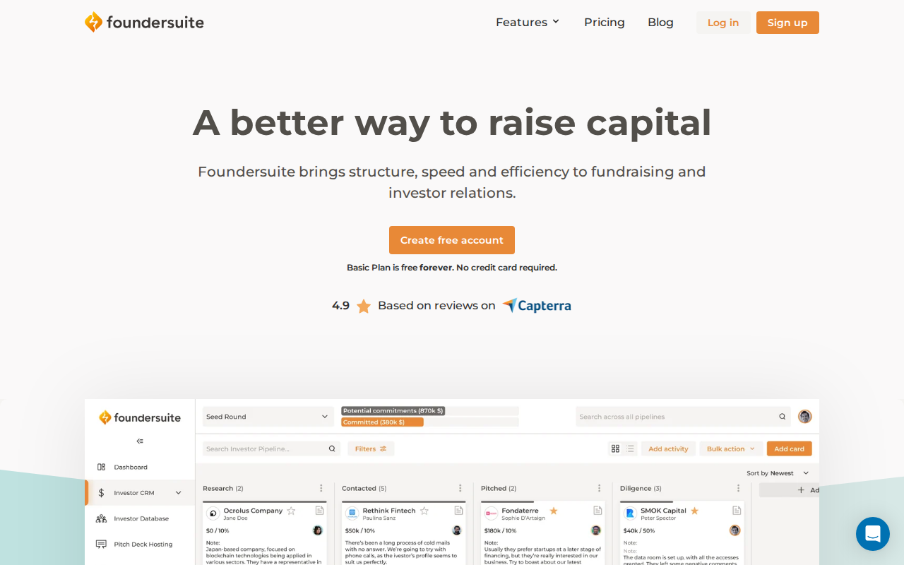 Foundersuite fundraising CRM for startups homepage screenshot