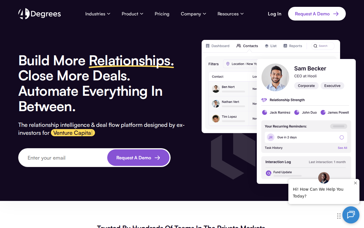 4Degrees venture capital CRM platform homepage screenshot
