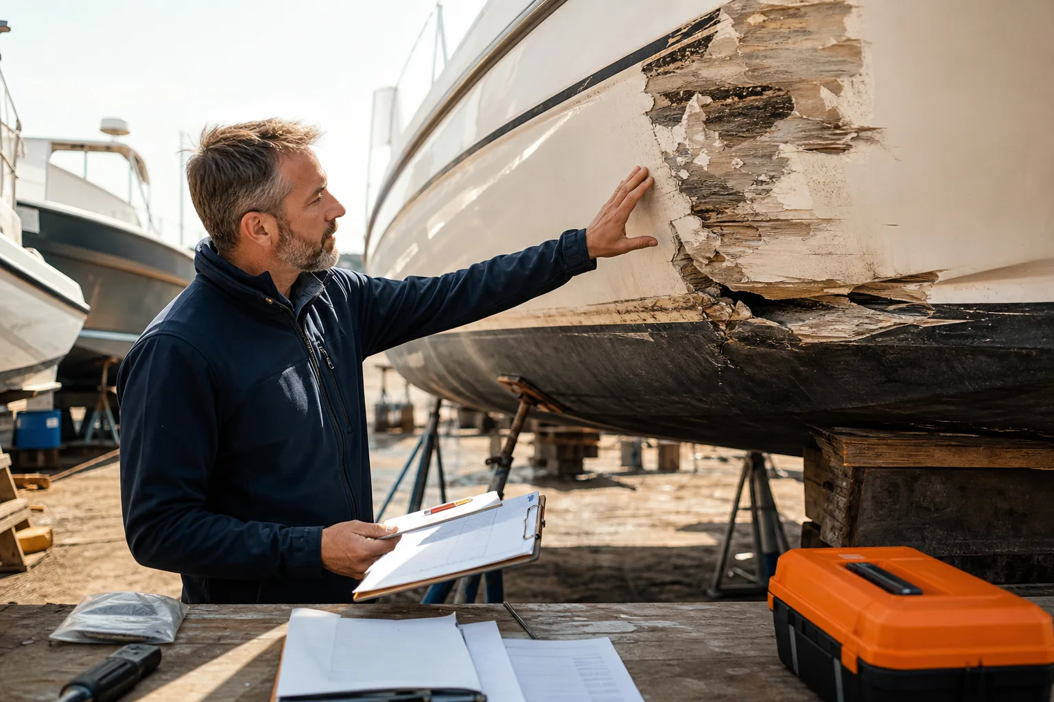 marine surveyor assessing boat damage after a vessel collision