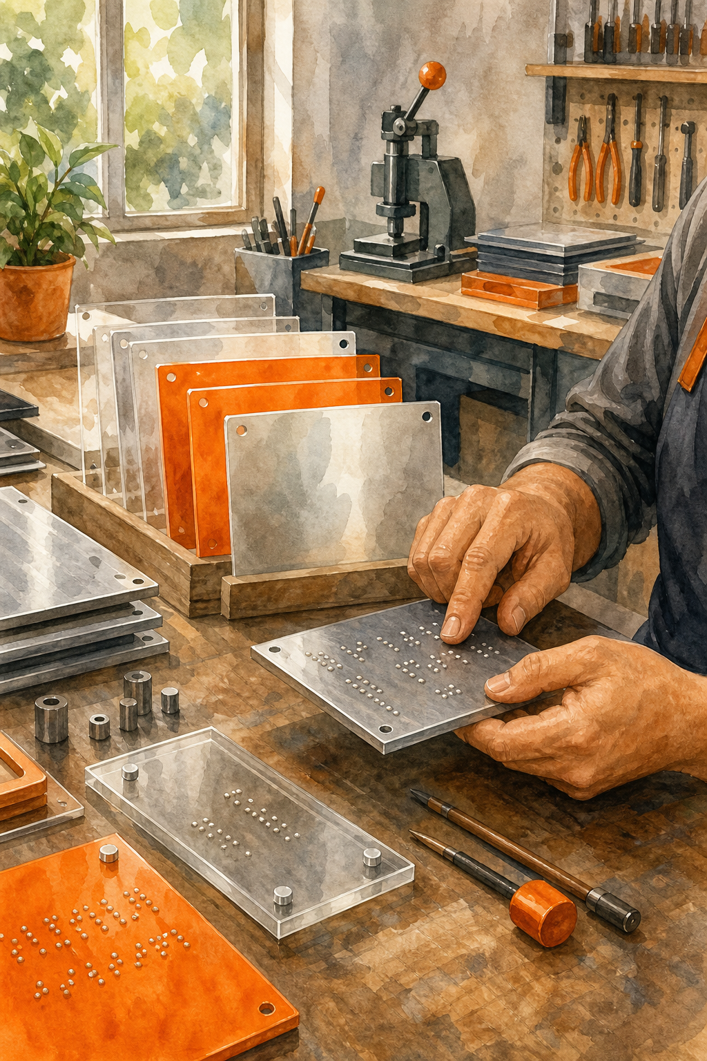 A watercolor illustration of an artisan workshop where tactile Braille signs are being crafted on aluminum and acrylic panels, warm orange accents, hands inspecting raised dots. Alt: Fabricación de señalética braille a la medida para exteriores en México.