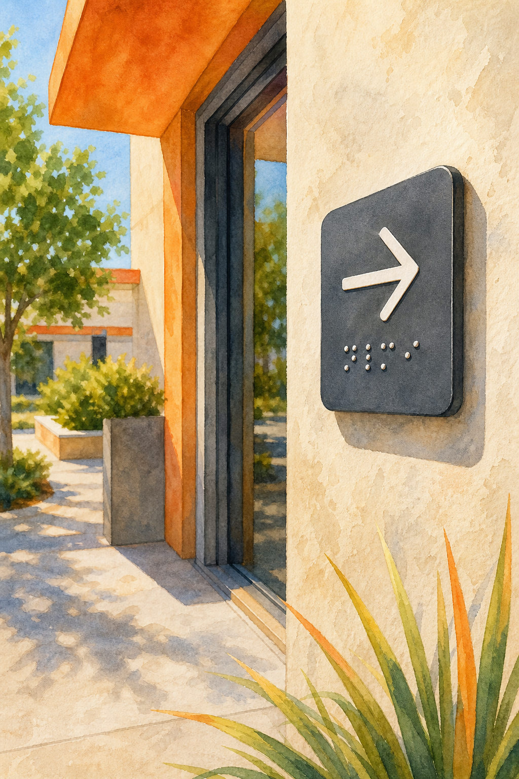 A watercolor scene of a building exterior under bright sun with a durable cast vinyl Braille directional sign mounted beside a doorway, soft orange highlights. Alt: Vinilo fundido para señalética braille exterior de larga duración.