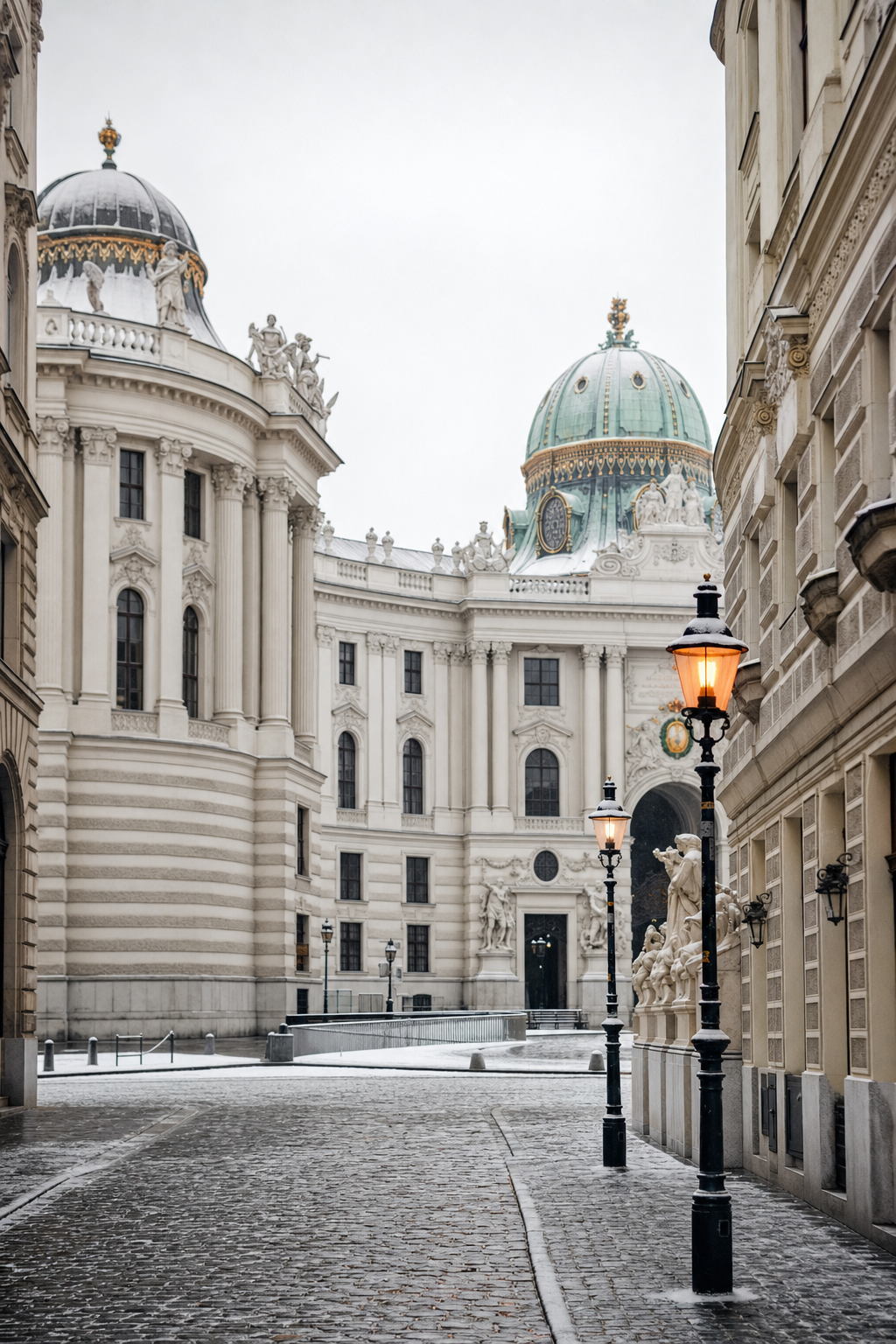 A photorealistic wide shot of Vienna's historic center under a light dusting of snow on a gray winter morning, with grand pale stone buildings and empty cobblestone streets