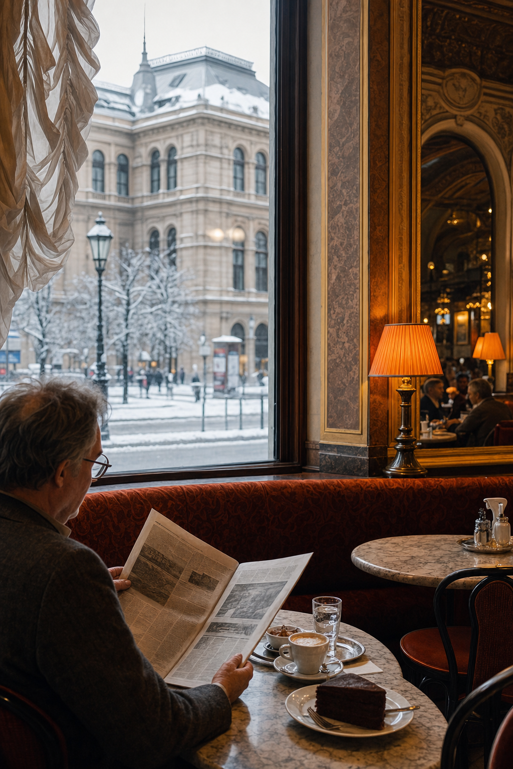 A photorealistic interior of a traditional Viennese coffee house in winter, with marble tables, a person reading a newspaper, a cup of coffee and a slice of chocolate cake, warm light against a cold window