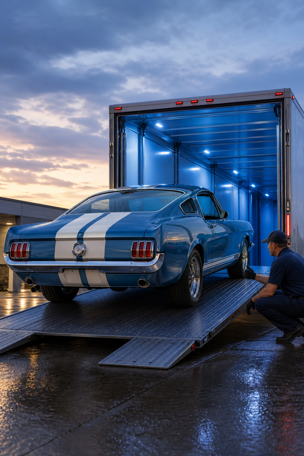 A photorealistic scene of a glossy restored 1960s American muscle car being carefully loaded into an enclosed auto transport trailer at dusk, soft blue accent lighting on the trailer interior, a transport driver guiding the wheels. Alt: vintage car shipping with enclosed door-to-door transport