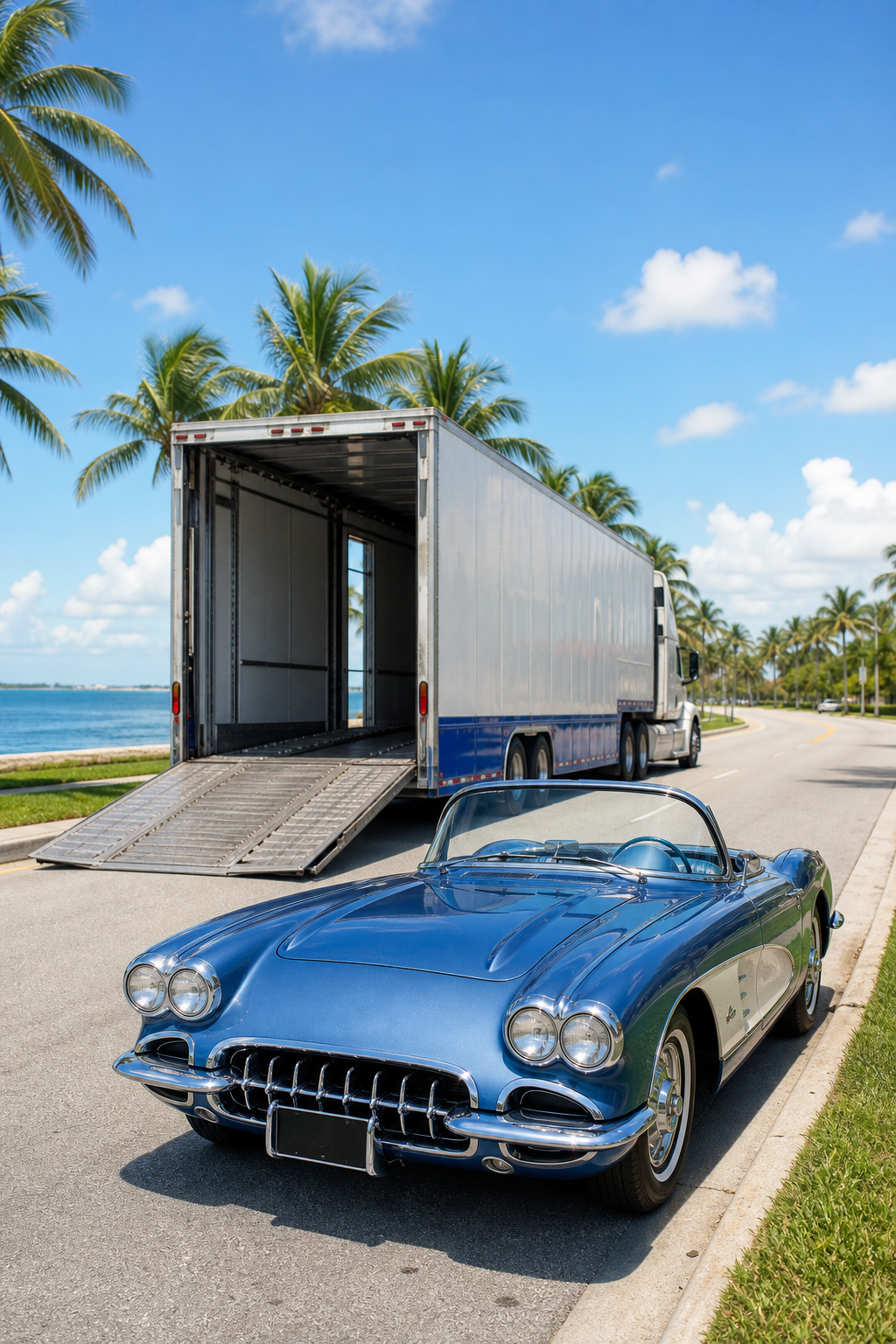 A photorealistic wide shot of a classic convertible parked on a sunny Florida coastal road with palm trees, an enclosed car carrier truck visible in the background ready for a northbound seasonal trip. Alt: snowbird vintage car shipping from Florida on the I-95 corridor