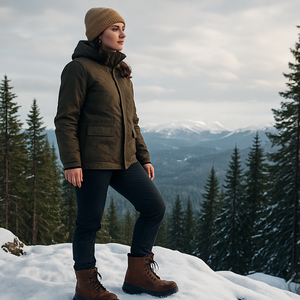 En kvinna på en snötäckt fjälltopp, bärande bred tåbox vinterkängor med synliga mikrotänder i sulan, omgiven av tallskog. Alt: Vinterkängor bred tåbox dam på snöig fjälltopp, fokus på material och hållbarhet.