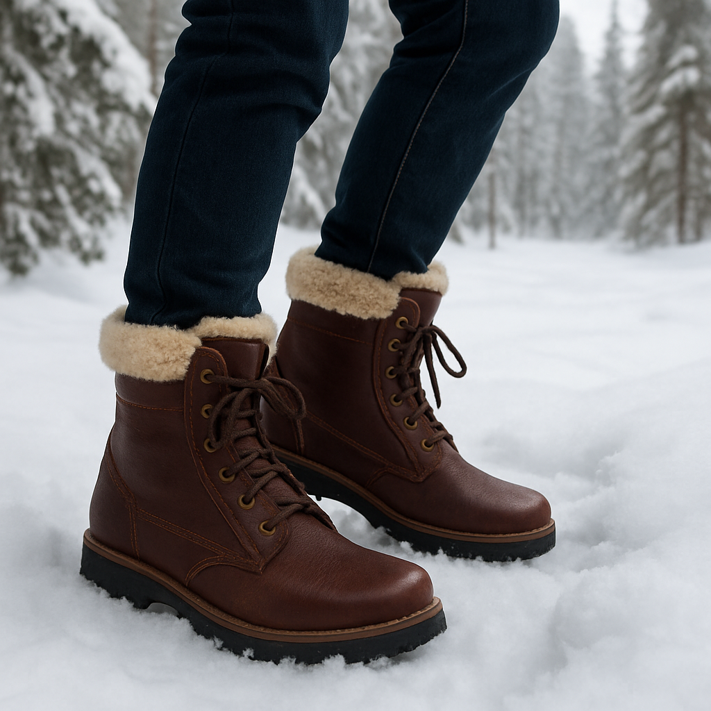 En kvinna i vinterkängor med ullfoder som går genom ett snötäckt skogslandskap, fokus på kängans detaljer och den mjuka ullen som syns i öppet spår. Alt: vinterkängor dam ullfoder i snöig terräng