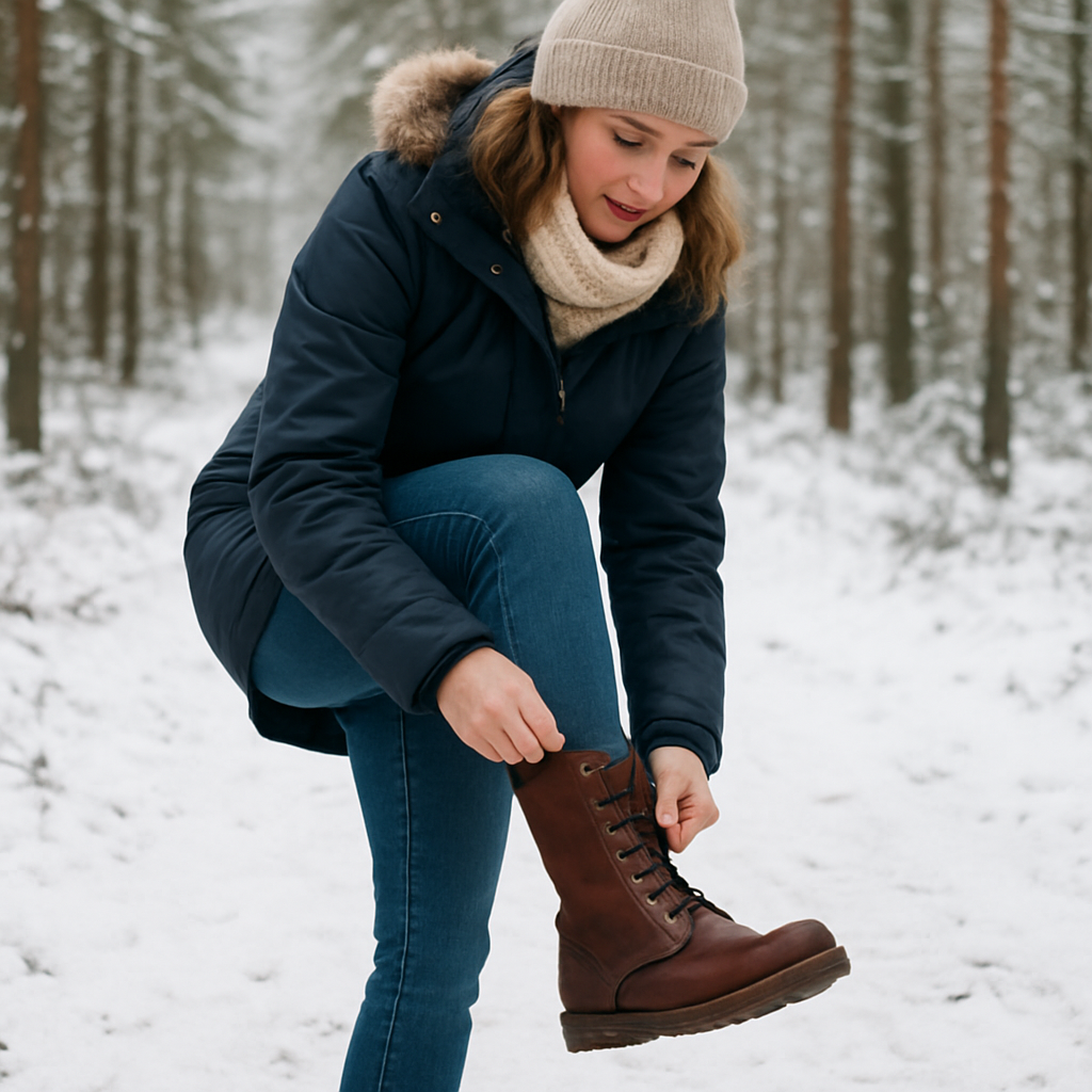 En kvinna i vinterkläder som provar en läderkänga på en snötäckt skogsstig. Alt: 