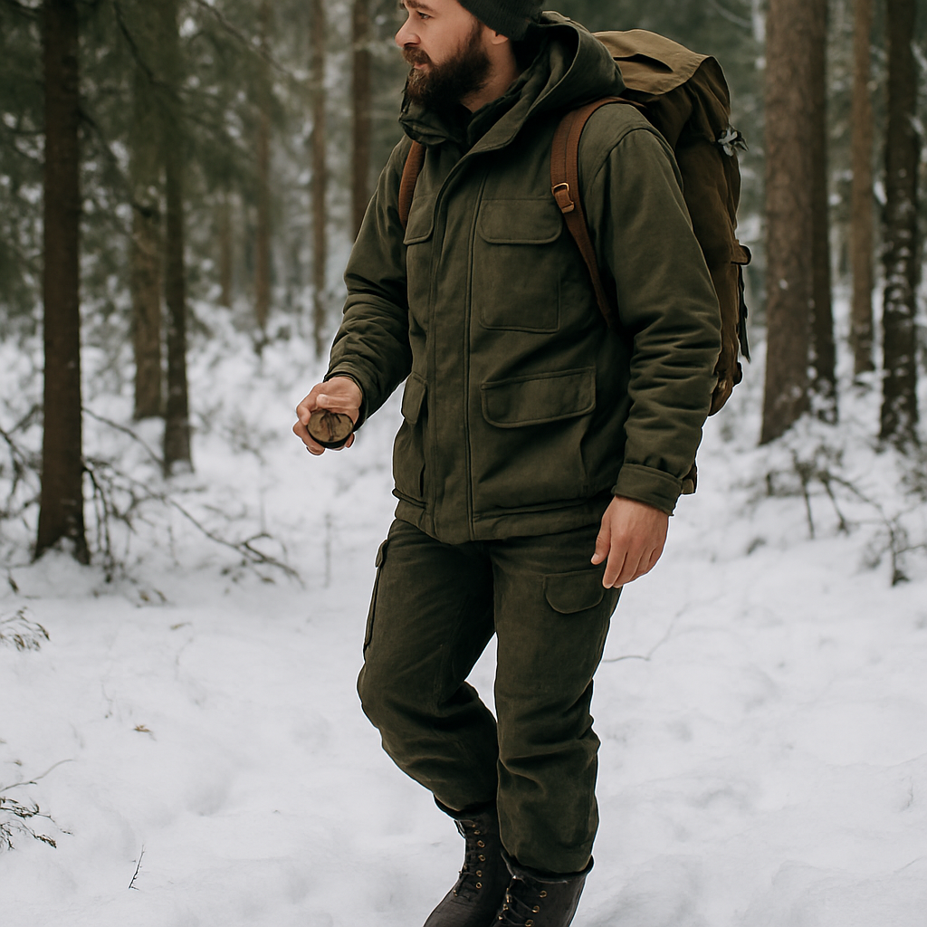 A rugged Swedish scout wearing Samelin winter boots walking through snowy forest, carrying a compass and a backpack. Alt: Samelin vinterkängor dam scouting vandring jakt