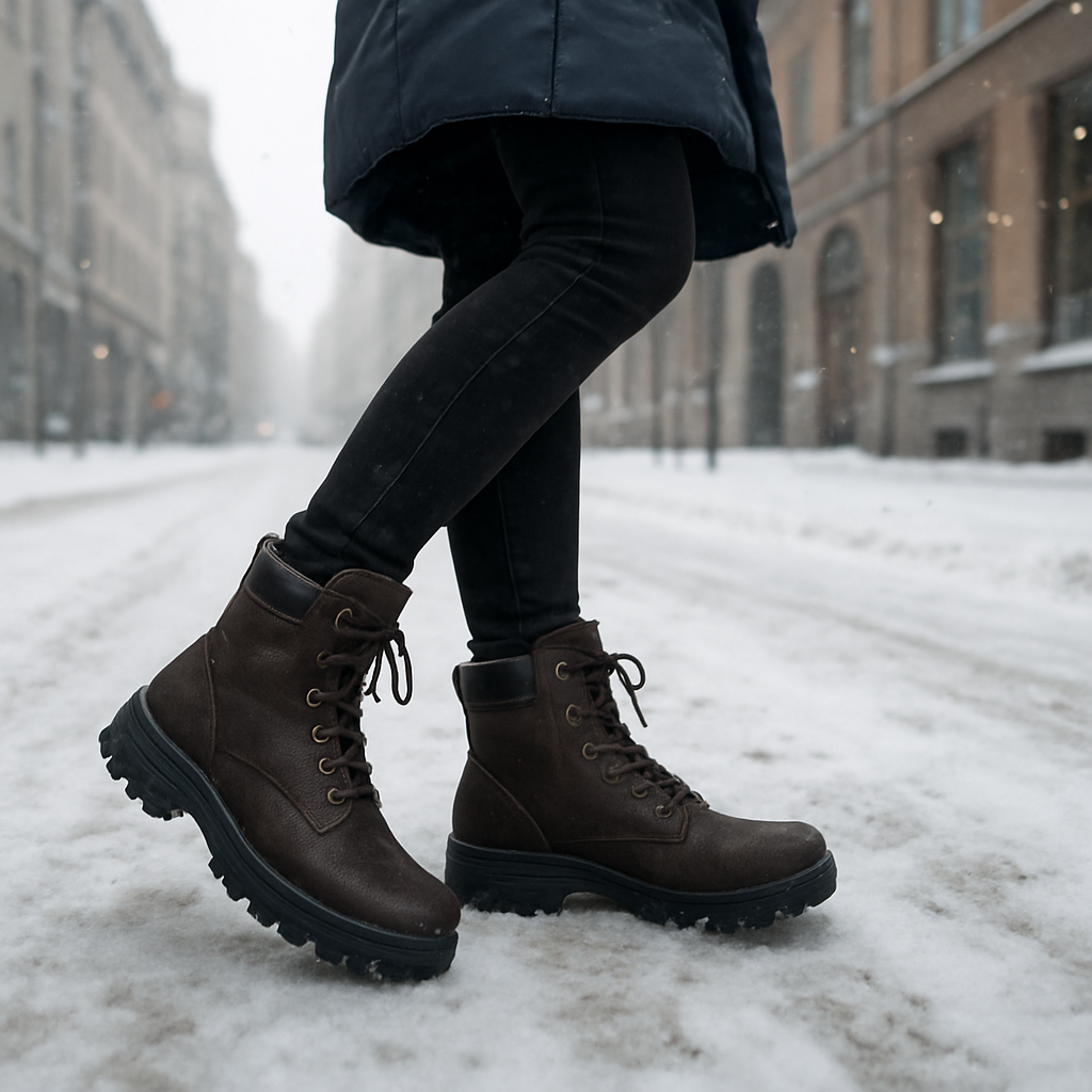 En kvinna i urbana vinterkängor med kraftig sula, vandrar på en snöig stadsgata, foten tydligt i fokus. Alt: urbana vinterskor med bra grepp dam, stadsvinter.