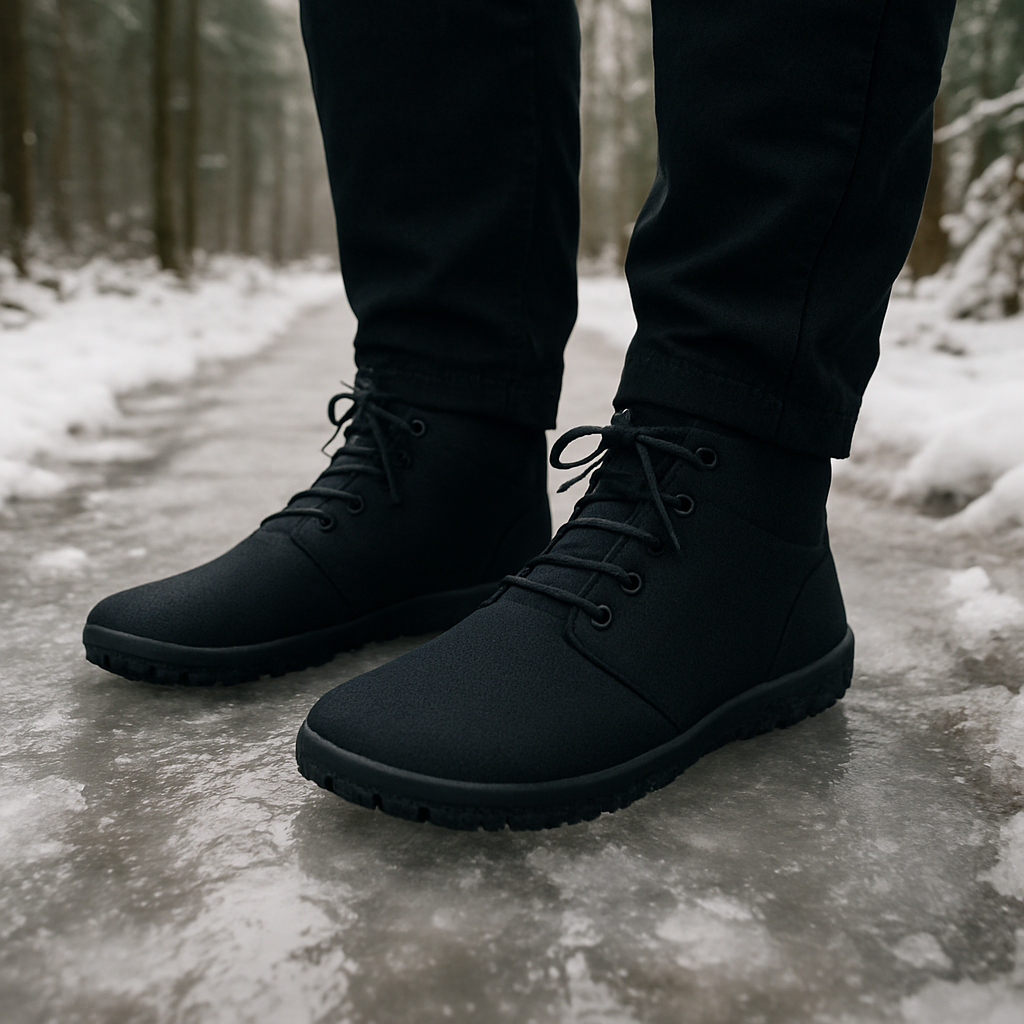 En kvinna i minimalistiska barefoot‑vinterskor med hög friktion, stående på en isig skogsstig med snö som smälter runt fötterna. Alt: minimalistiska barefoot‑vinterskor med hög friktion för dam