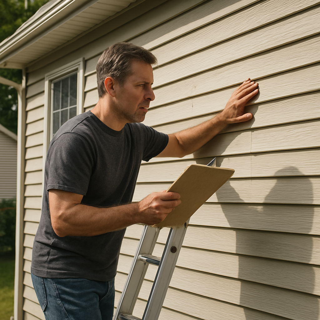 A photorealistic scene of a homeowner on a ladder inspecting vinyl siding on a suburban house, holding a clipboard with square measurements, sunlight highlighting the siding panels, realistic texture detail. Alt: Homeowner assessing vinyl siding damage to calculate repair cost.
