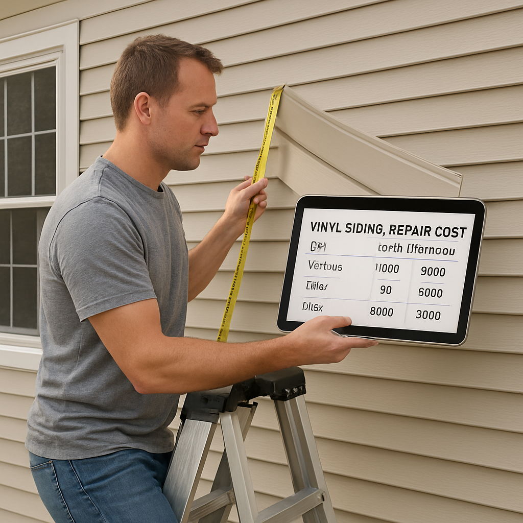 A photorealistic scene of a homeowner standing on a ladder, holding a tape measure and a piece of vinyl siding, with a spreadsheet open on a tablet showing DIY vs professional cost comparison for vinyl siding repair cost. Alt: Vinyl siding repair cost comparison illustration in realistic style.