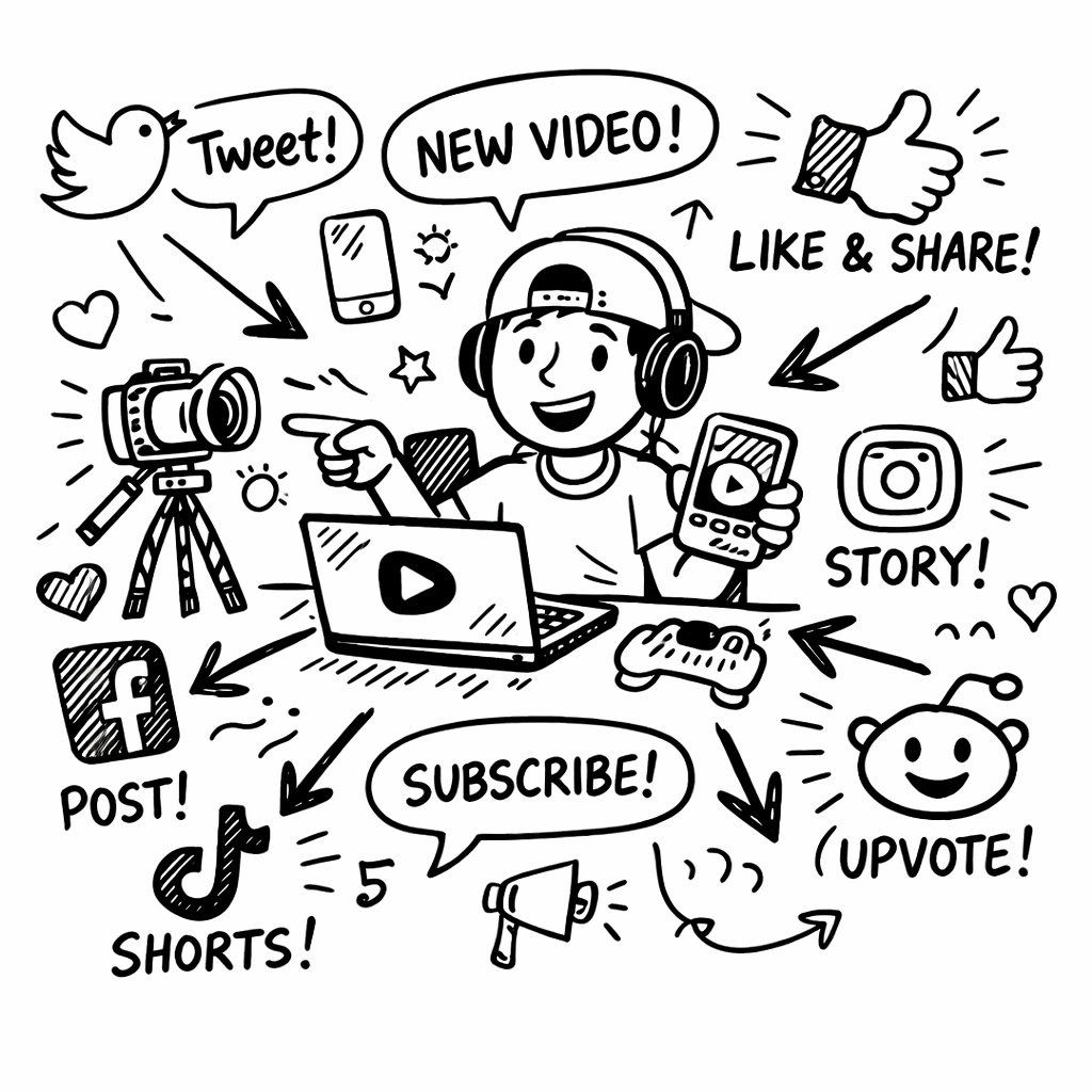 A doodle style illustration of a tech YouTuber sharing a video on multiple social platforms, alt: tech YouTuber promoting video across social media
