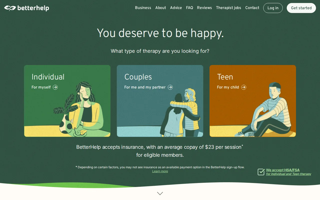 Screenshot of the BetterHelp website