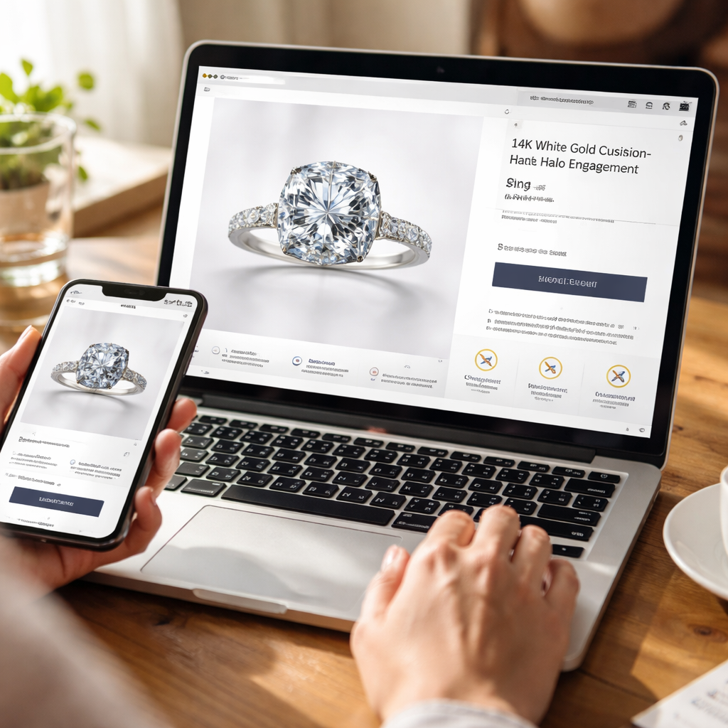 A photorealistic scene of a woman using a laptop and phone to view a 3‑D jewellery product page, zooming on a diamond ring, soft natural lighting. Alt: detailed virtual jewellery product page showing 3D view and trust badges.