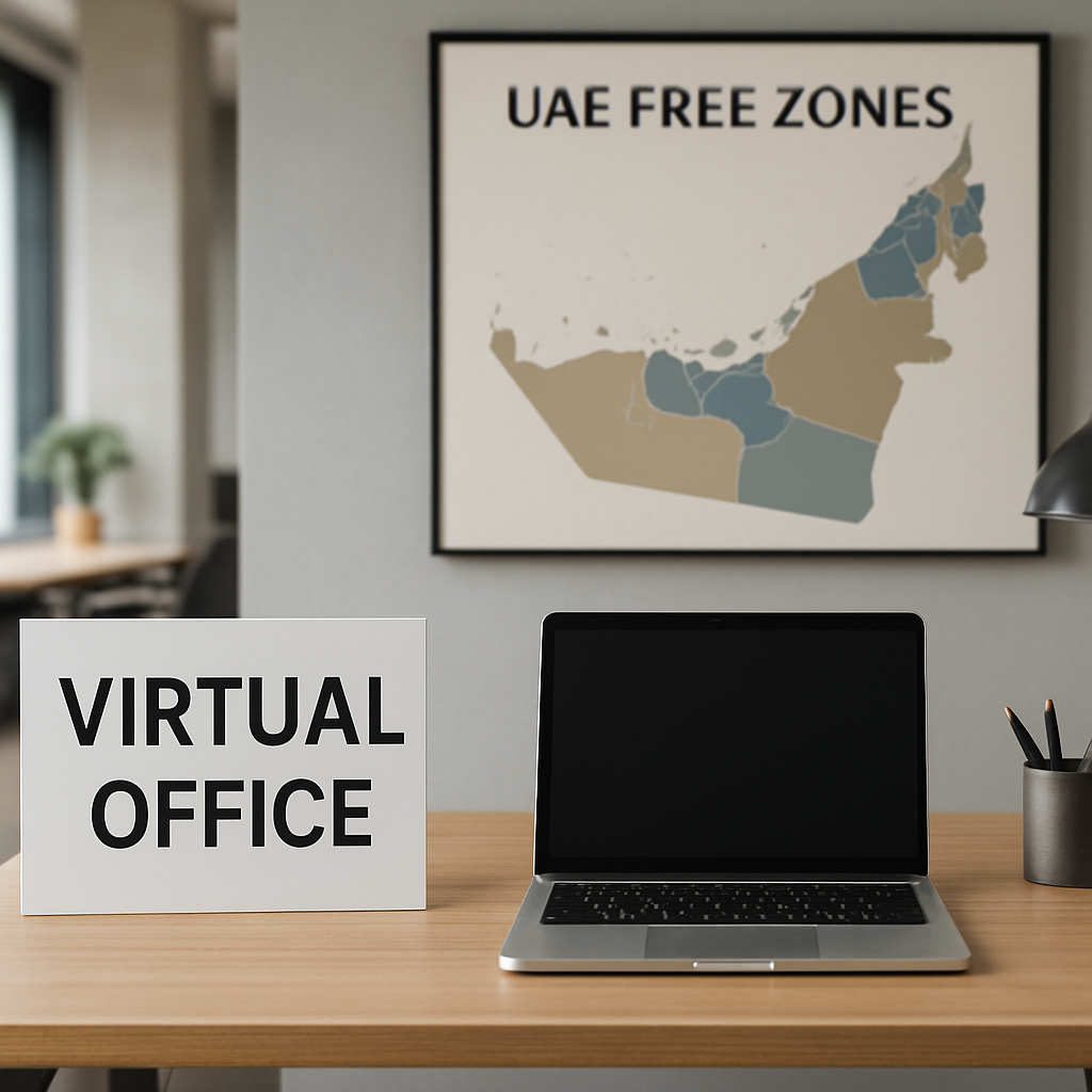 A modern coworking space with a virtual office sign, showing a laptop on a desk and a UAE free‑zone map on the wall. Alt: Virtual office eligibility UAE free zone guide