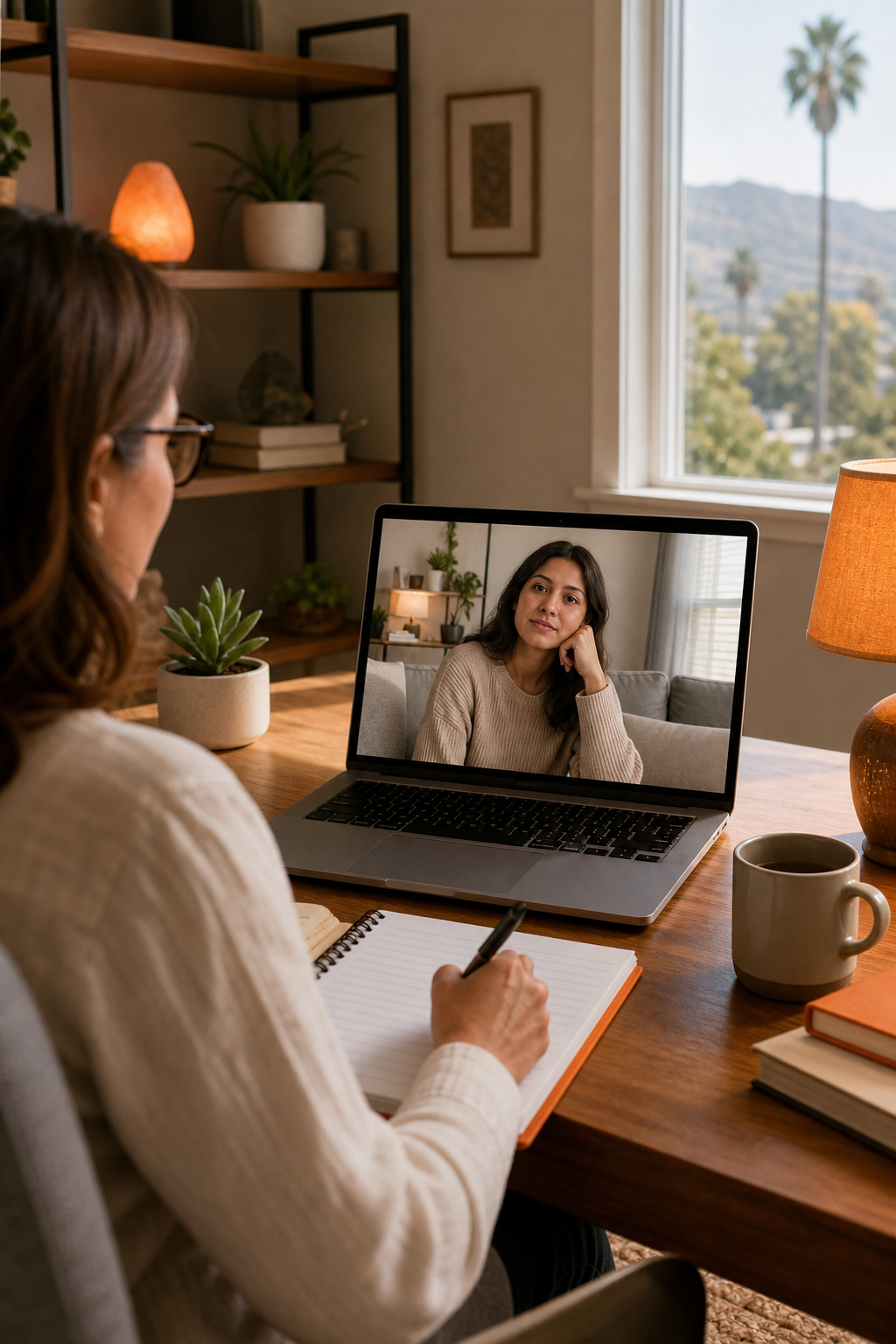 A realistic scene of a therapist on a video call with a client, showing a comfortable home office setting, warm lighting, and a laptop screen displaying a secure video interface. Alt: virtual psychotherapy session in California