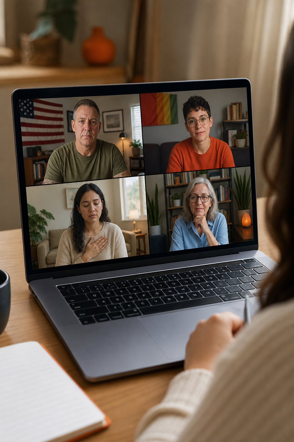 A realistic illustration of a diverse group of virtual therapy participants on a video call, including a veteran, an LGBTQ+ individual, and a person receiving EMDR, each in their own home setting. Alt: specialized virtual psychotherapy options