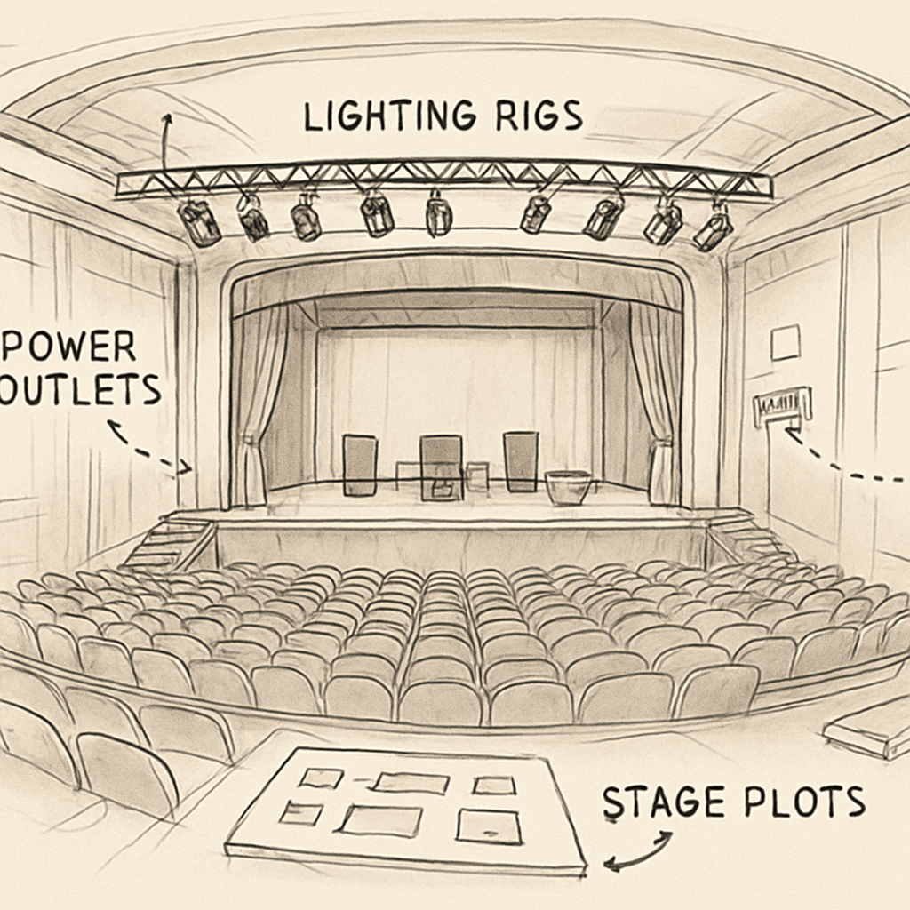 A panoramic view of a concert hall with highlighted technical points such as lighting rigs, power outlets, and stage plots. Alt: Virtual tour software showcasing concert venue technical layout.