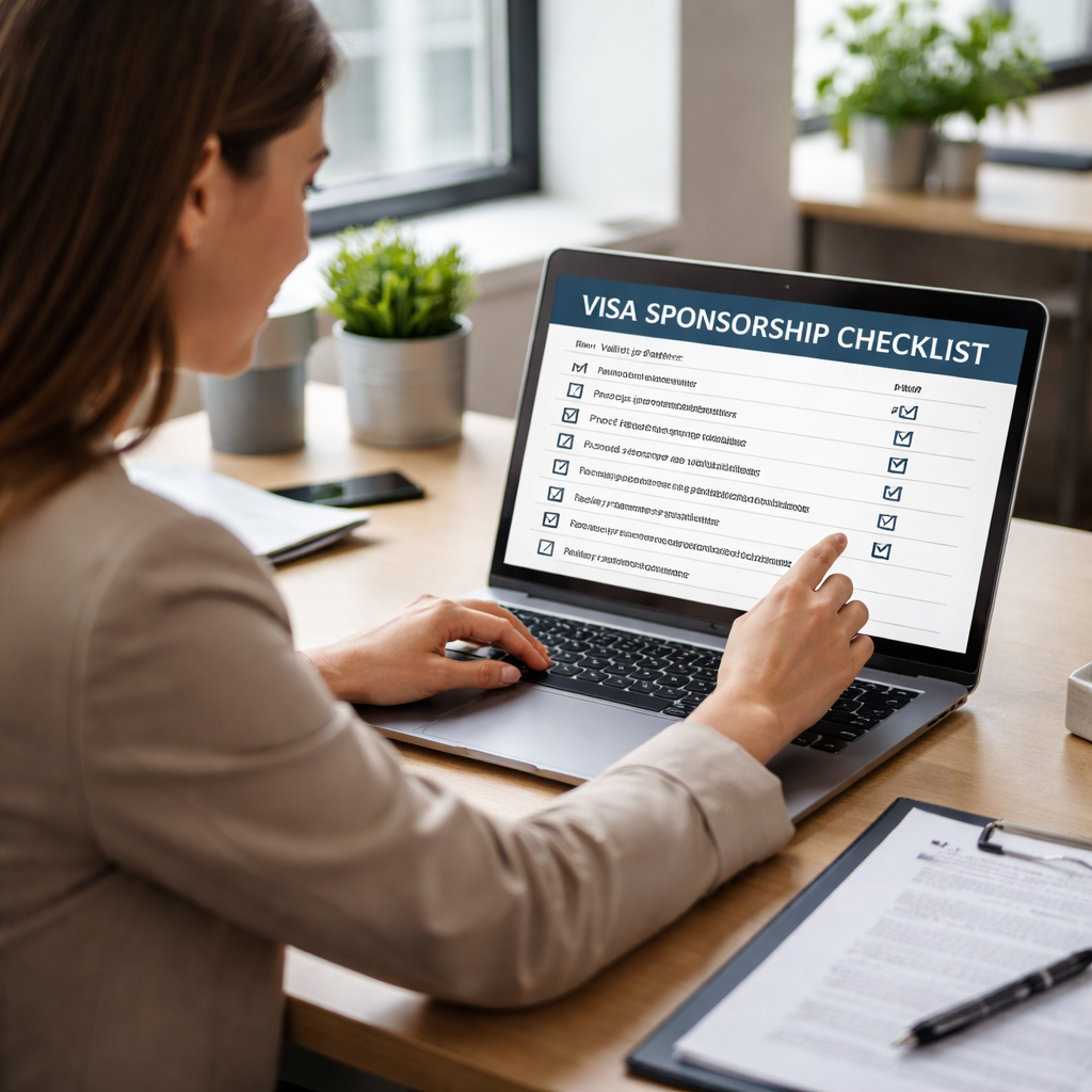 HR manager reviewing a visa sponsorship checklist on a laptop in an office