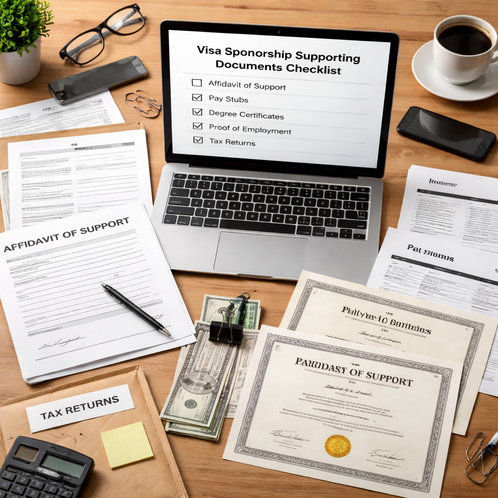 Flat lay of visa support documents, including an affidavit form, pay stubs, degree certificates, and a laptop displaying a checklist
