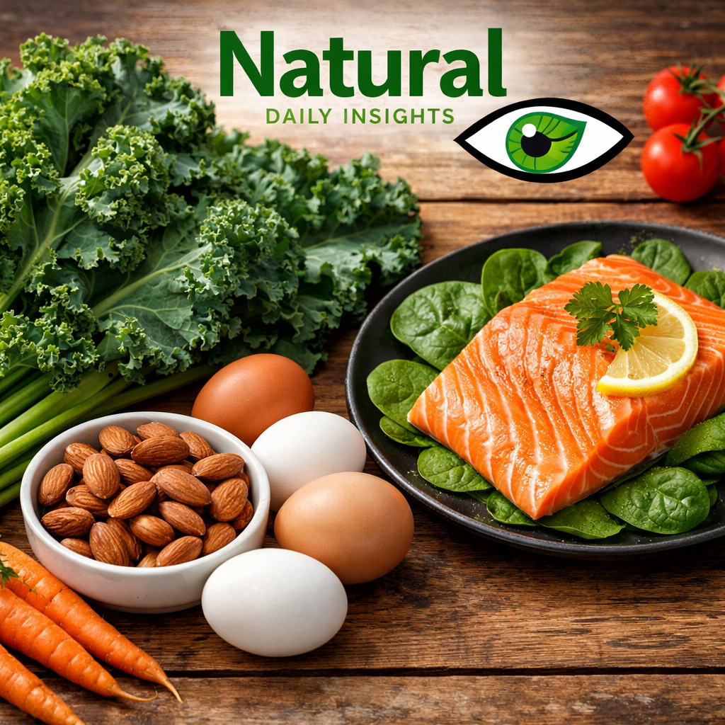 A realistic close‑up of colorful vegetables like kale, carrots, and eggs, alongside a bowl of almonds and a fish fillet on a wooden table. Alt: nutrient‑rich foods for vision health