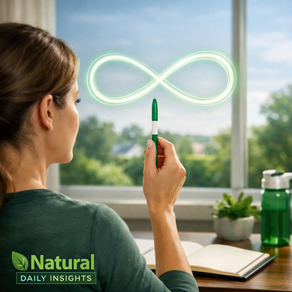 A realistic illustration of a person performing eye‑focus exercises at a desk, with a pen, a distant window, and a figure‑8 path drawn in the air. Alt: eye‑strengthening exercises for vision health