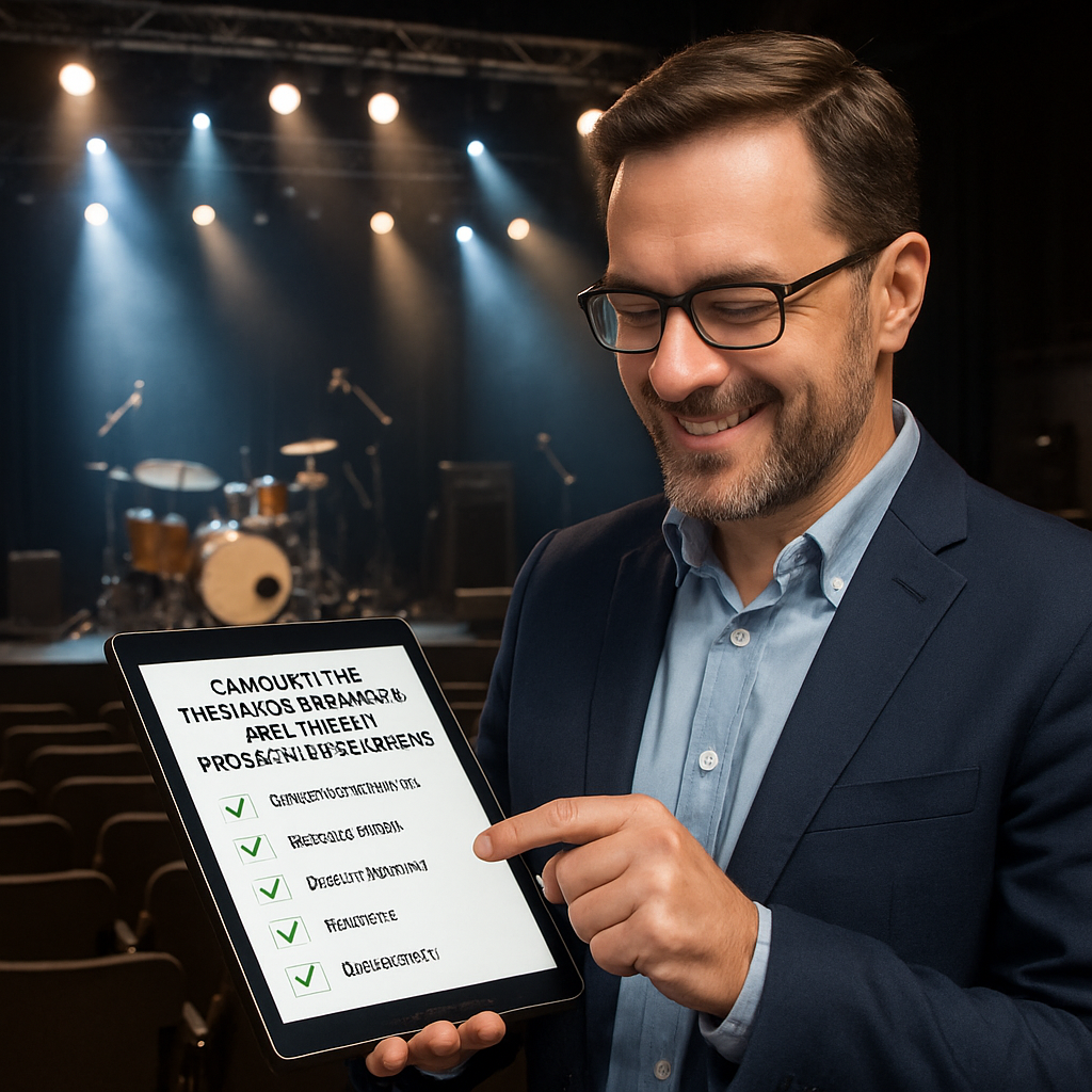 A professional setting where a concert venue manager reviews a stack of administrative documents on a tablet, with a concert stage in the background. Alt: Checklist des documents administratifs pour visite technique salle de concert