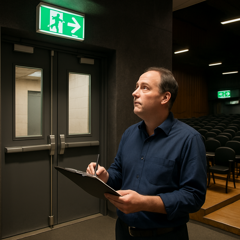 Vue d'ensemble des issues de secours d'une salle de concert, montrant panneaux lumineux et sorties clairement dégagées. Alt: Inspection des issues de secours lors de la visite technique salle de concert checklist