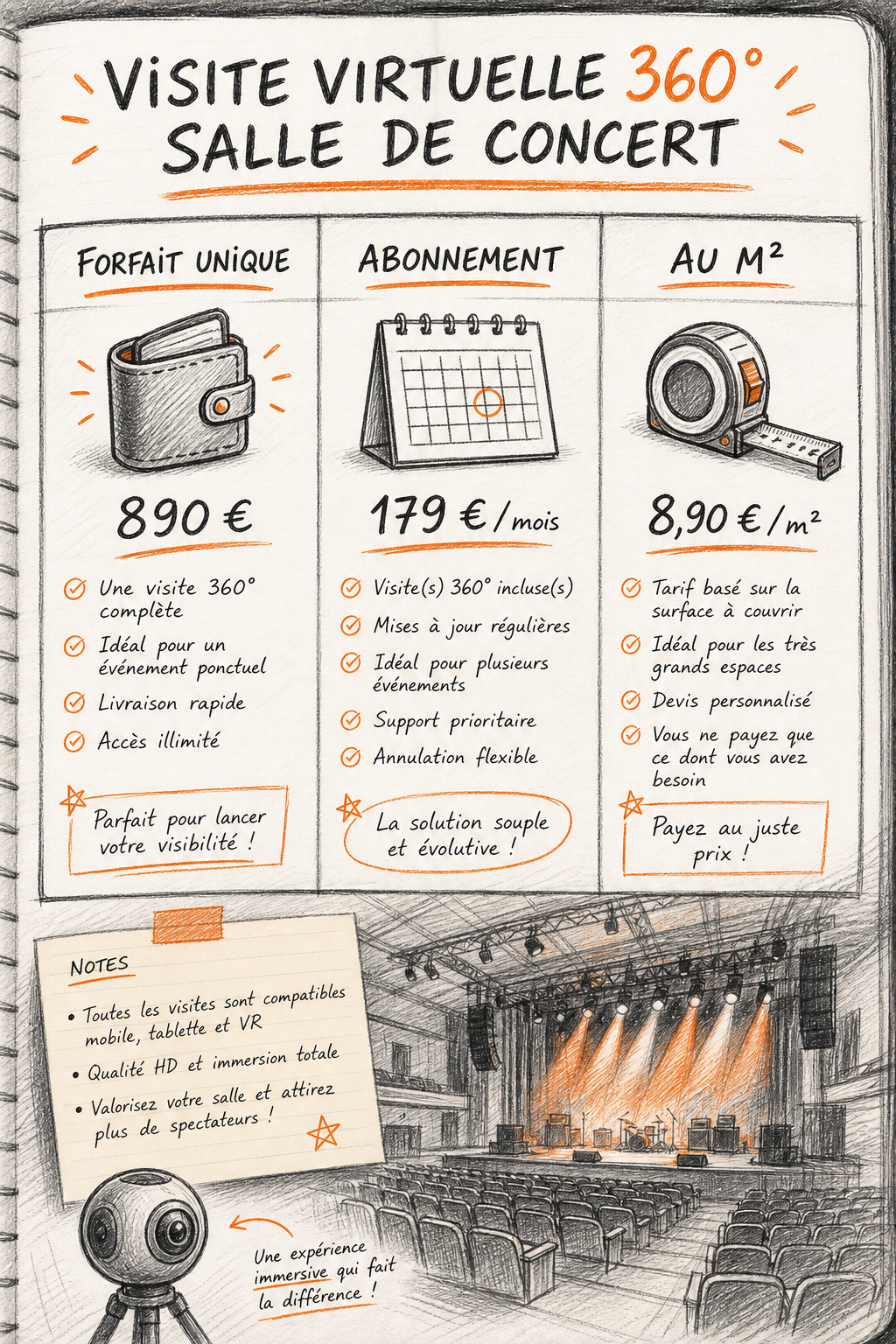 Visite virtuelle 360 interactive salle de concert : tarifs et guide 1 Sketch style: Un tableau comparatif dessiné à la main avec trois colonnes : Forfait unique, Abonnement, Au m². Des icônes de porte-monnaie, calendrier et mètre ruban. Les prix sont en euros, avec des notes manuscrites. Alt: Comparaison schématique des modèles de tarification pour visite virtuelle 360 salle de concert.